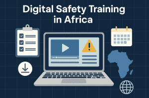 Digital safety training in Africa infographic showing laptop, checklist, calendar, and map of Africa.