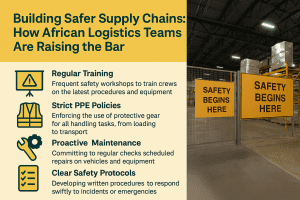 safety culture in African logistics infographic showing cargo containers, PPE icons, and African map outline in blue and grey tones